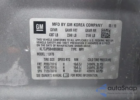 2019 Chevrolet Trax Lt z USA, uszkodzony, nr VIN KL7CJPSB4KB936032